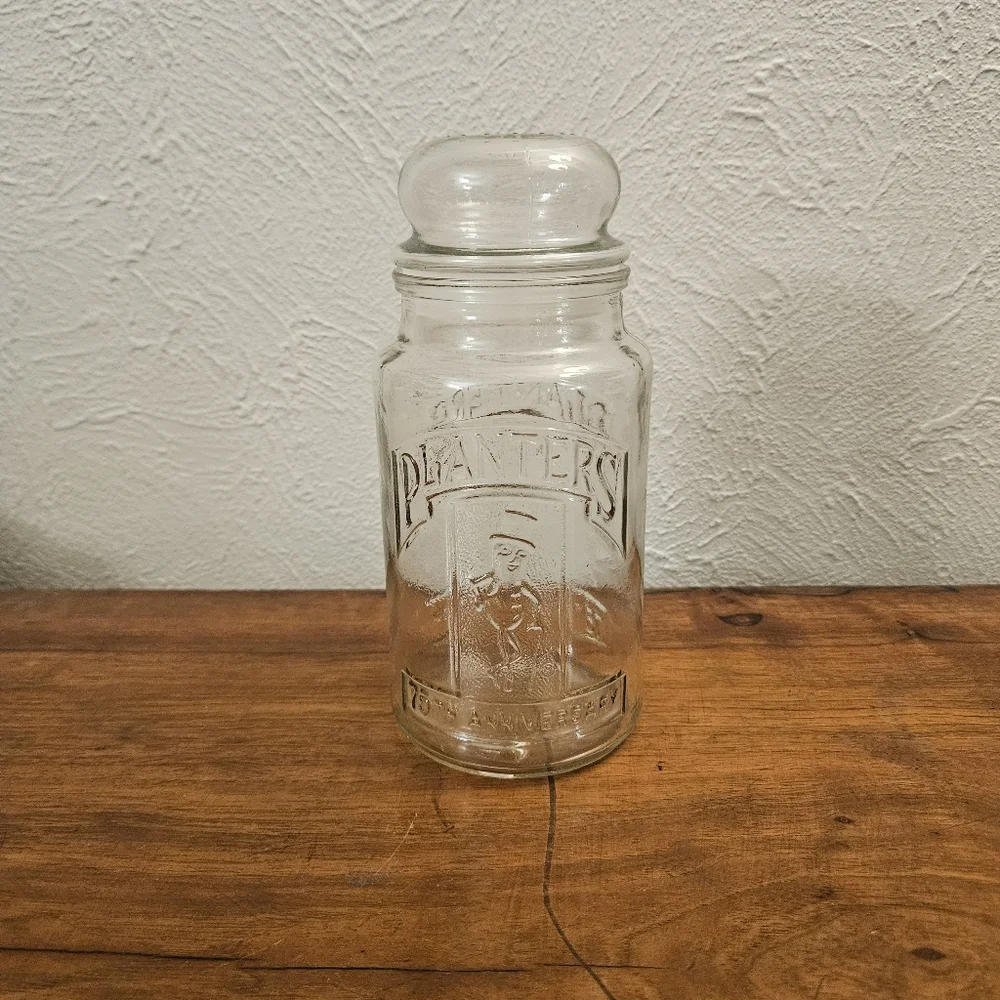 Vtg 1981 75th‎ Anniversary Planters Mr. Peanut Glass Jar w/ Lid Cannister Promo